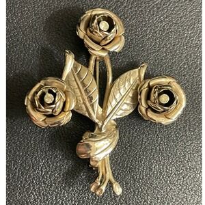 Vintage Rose Bouquet Brooch Rhinestone Center Floral Pin